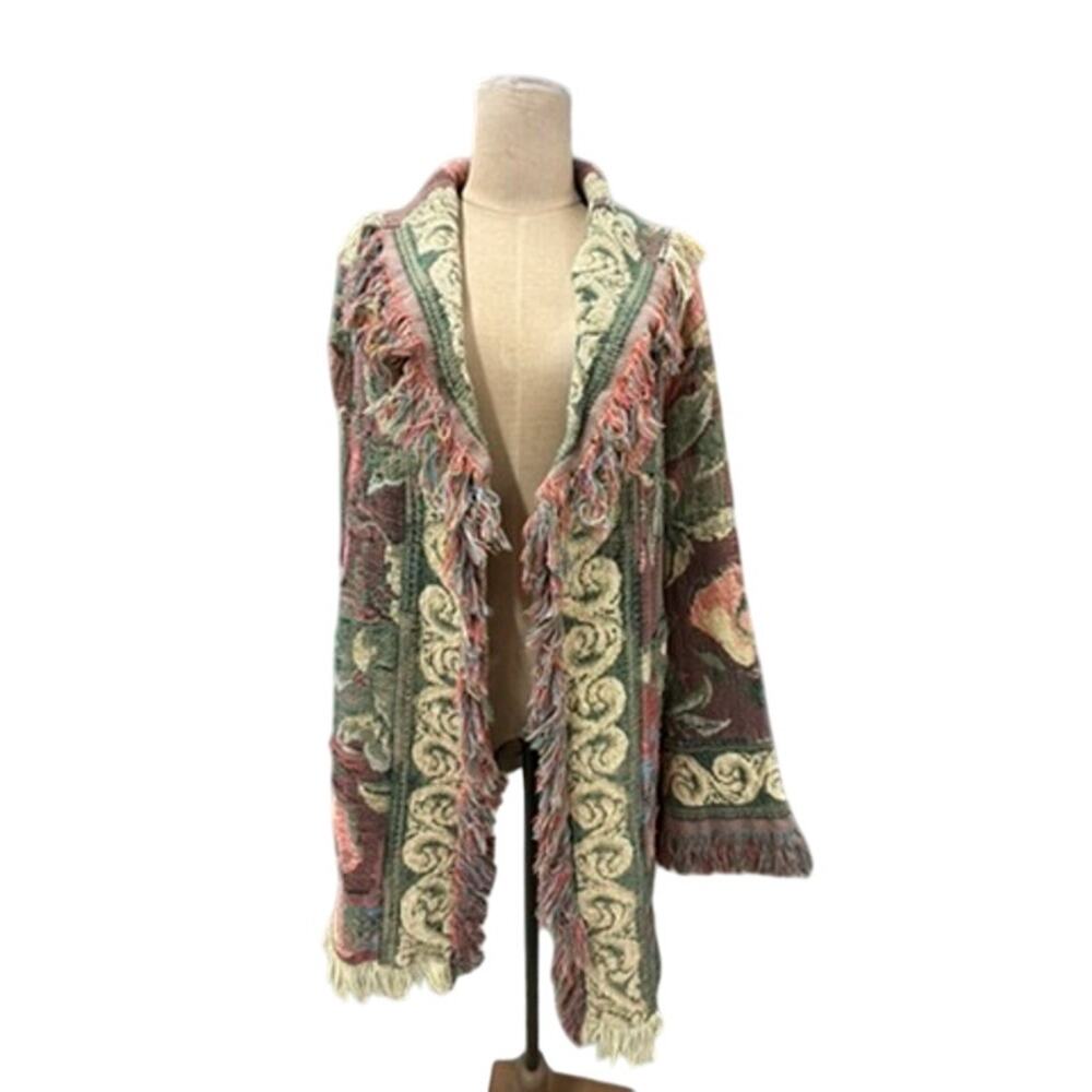 "UNKNOWN HANDMADE" Unique SZ L ? Blanket Cardigan Strings Fruits Boho Gypsy‎ VTG